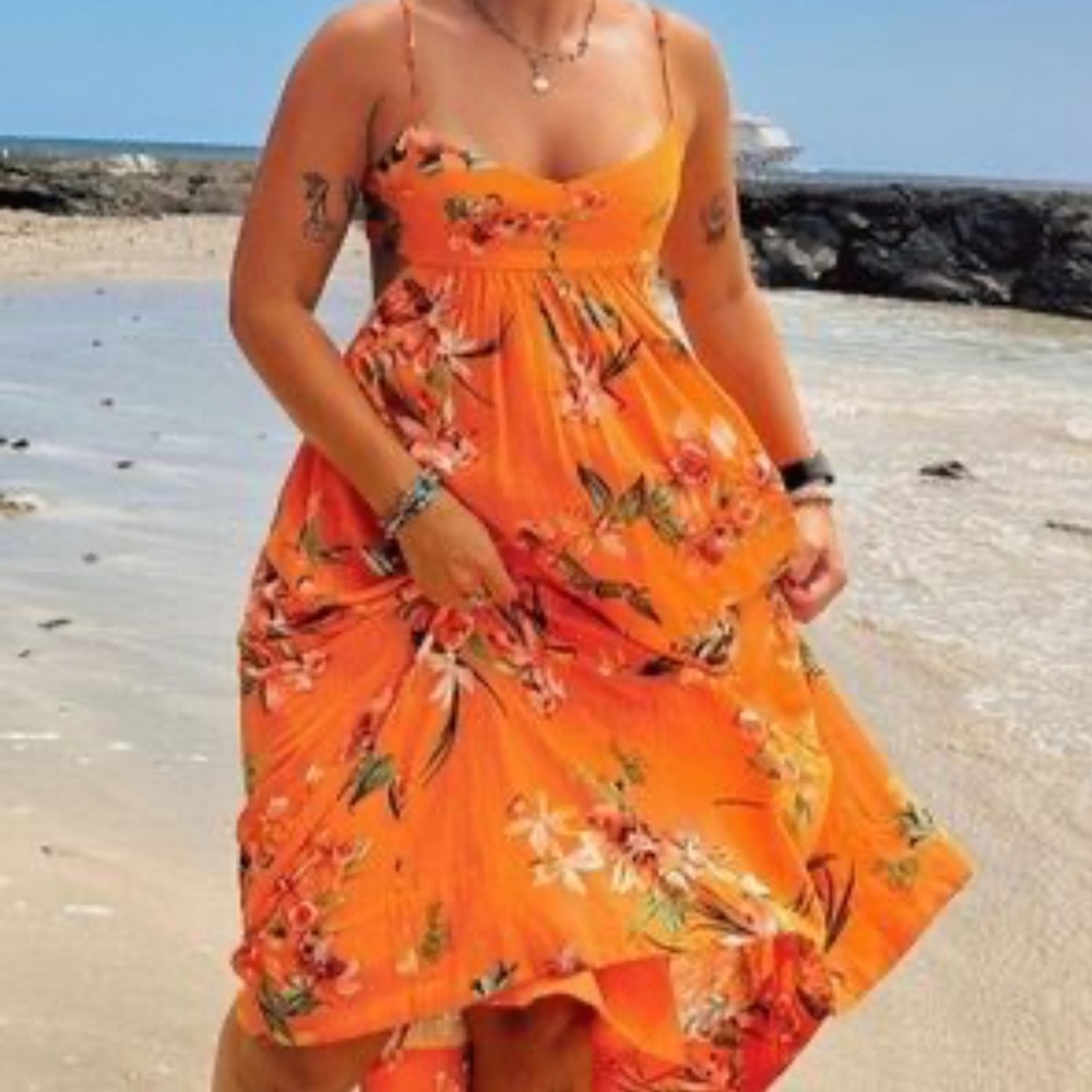 Anthropologie O.P.T NWT Size Large orange floral linen‎ blend midi dress